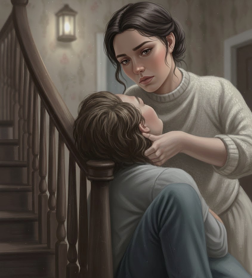 Woman holding a unanimated man near a staircase